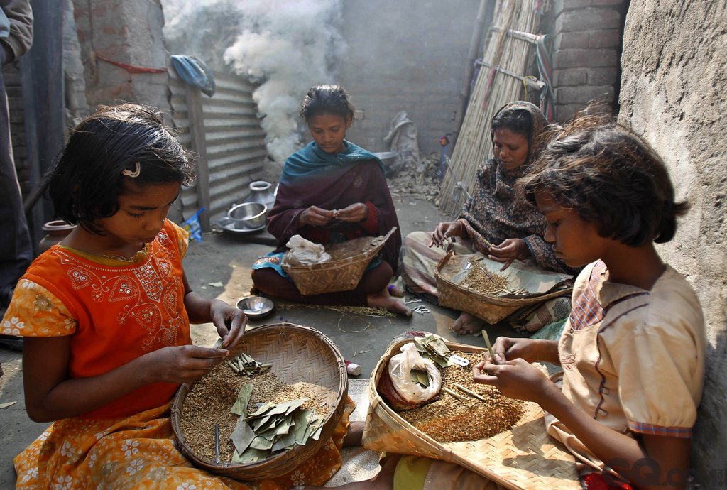 印度Dhuliyan，11岁的Sagira Ansari和家人一起卷香烟。Sagira是印度乡村藏在角落里辛苦工作的成百上千名儿童中的一个，其中很多做的是国家支柱产业中颇具危险性的工作：在 火星四溅的砖窑厂烧砖或者在庄稼地里喷洒农药。Sagira和她的父母卷1000捆香烟能拿到75卢比（1.5美元）的工钱，一个月总共能挣7500卢比 （150美元）。  
