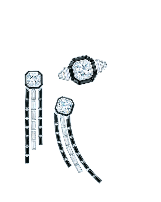 赵薇佩戴Tiffany & Co.蒂芙尼黑色尖晶石和长形钻石交错镶嵌项链、耳环和手镯，由品牌设计总监Francesca Amfitheatrof设计.