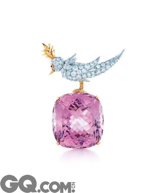 在蒂芙尼逐渐成为享誉全球的顶级珠宝品牌的过程中，彩色宝石发挥了重要作用。蒂芙尼在全世界范围内寻觅并发现最为稀世珍罕的彩色宝石，并首开行业先河将它们介绍于世，包括1902年发现并以蒂芙尼首席宝石学家乔治•坤斯(George Kunz, 1856–1932)博士名字命名、呈现浪漫紫粉色调的紫锂辉石；1910年首次使用在珠宝之上的摩根石；1969年面世的坦桑石；1974年发布的翠绿色沙弗莱石。
图为：Bird on a Rock紫锂辉石和钻石胸针，由让•史隆伯杰为蒂芙尼专属创作
