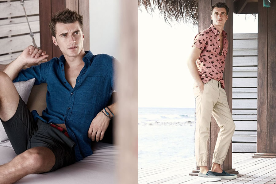 具有典型美式风格的J.Crew本季推出了海滩度假风的系列男装，自由快乐的热浪随着摇摆的衣襟阵阵传来。纯色的棉麻T恤，透气轻薄，印花衬衣更适合度假，运用淡粉与淡蓝这类清新的色彩，营造轻松的氛围。