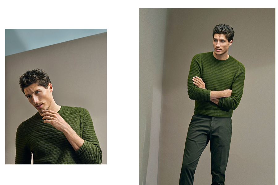 Massimo Dutti推出了2016春季成熟男士的休闲装。蓝色、绿色，以及灰色，都显得沉稳而内敛。轻质机车夹克，军装元素的夹克，是经典的简约时尚。