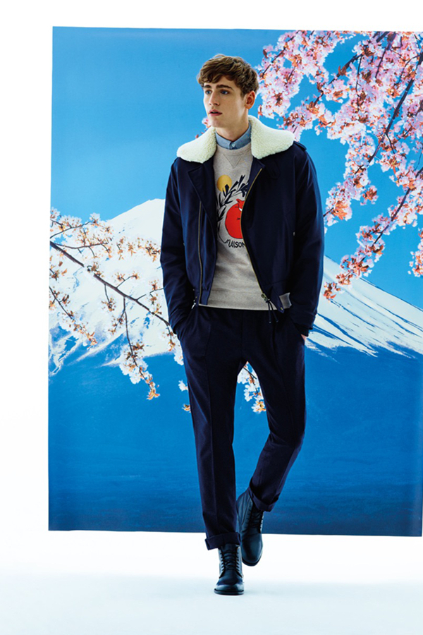 Maison Kitsuné本季推出的男装，灵感来自于日本著名动画作家宫崎骏的作品——《起风了》。以富士山、冉冉升起的太阳，以及盛放的樱花为布景，服装上的印花也是动画中的场景，充满童心，以及向经典致敬的意味。面料采用舒适的有机纤维，包括纯棉、天鹅绒、法兰绒等。
