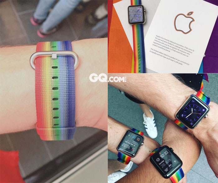 为庆祝公司内部的LGBT组织Apple Pride建立三十周年，苹果在今年6月的LGBT狂欢月向每位申请参加LGBT Pride游行的员工提供一份限量版彩虹色尼龙表带。