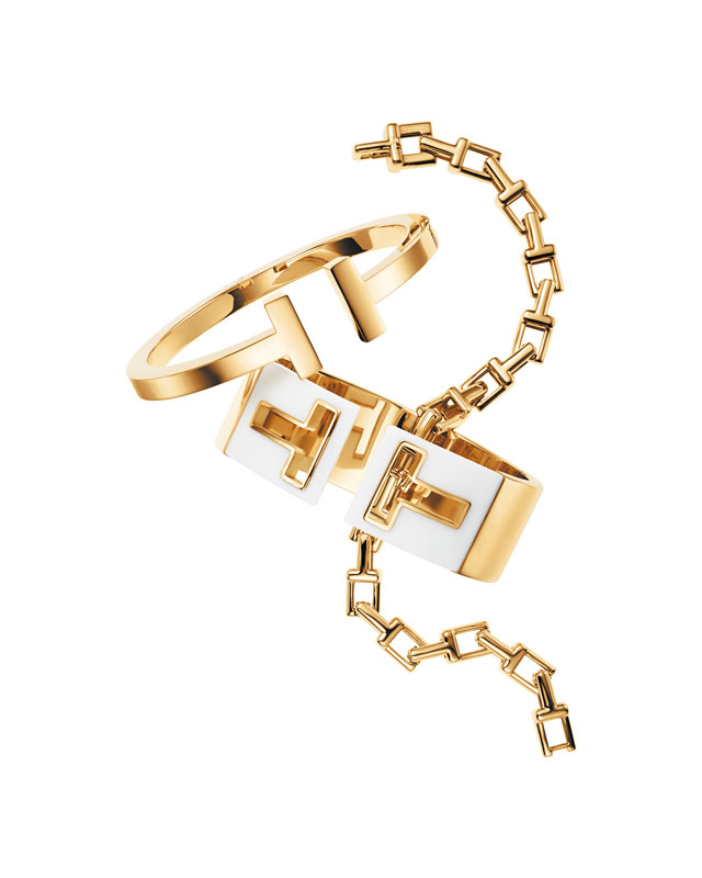 Tiffany & Co.蒂芙尼Tiffany T 18k黄金T字链结手链、手镯和搭配白瓷的开口宽型手镯