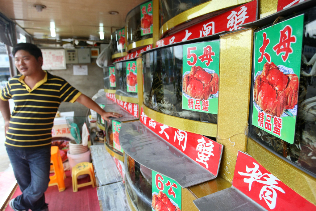 2013年10月9日，上海铜川路水产市场里销售的大闸蟹。上海是海纳百川的城市，不但中国几乎所有的菜系都汇聚上海，世界各地的异域风味也都能在上海觅到踪迹，融会中西精华而又别具韵味的本帮菜更是不可不尝。