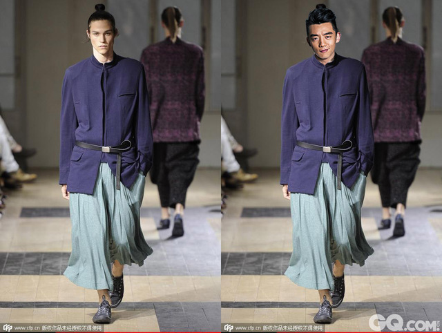 Yohji Yamamoto的2012春夏秀用休闲宽松外套+飘逸的裤裙打造出一种日本武士道的休闲风。这种貌似没有花很多功夫的休闲搭配一定能让郑恺同学成为婚礼上的时尚教主。