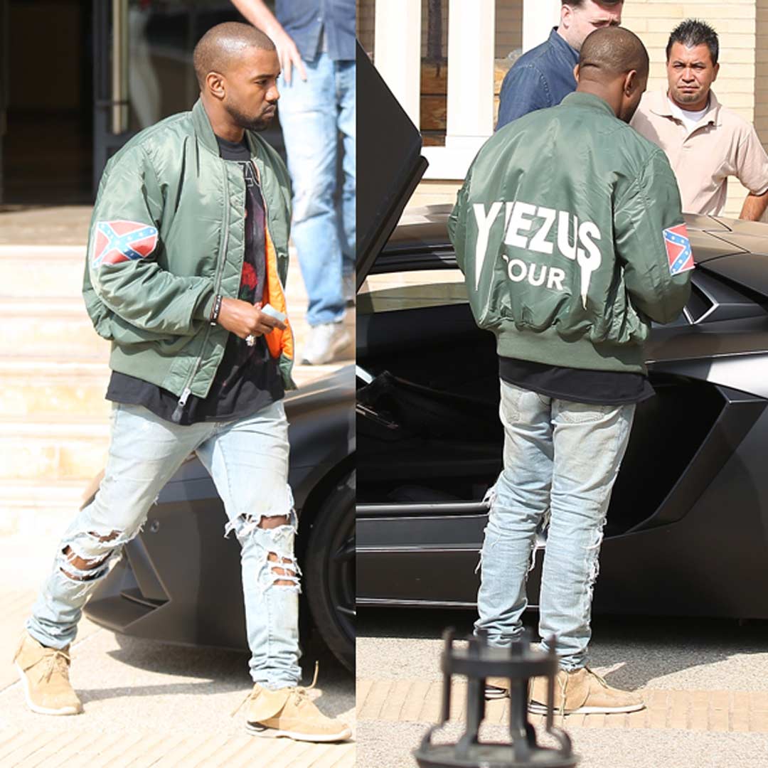 kanye west 身着为自己演唱会定制的ma-1空军夹克  t台上很快刮起了